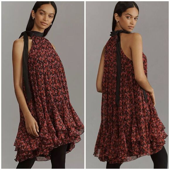 Anthropologie Tie Neck Halter Ruffled Mini Dress Size XL Floral Print Feminine - Picture 1 of 10